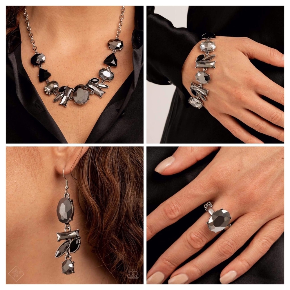 Paparazzi Jewelry Set Necklace Earrings Bracelet Ring Silver Black New
